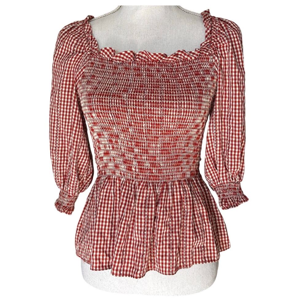 Max Studio Burnt Orange Cream Plaid Ruffle Top Small